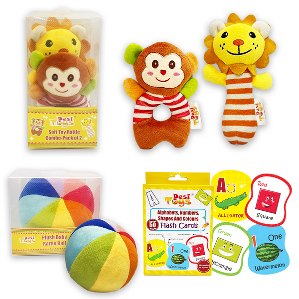 Desi Toys Infant Fun Combo-Plush Sound Rattles , Colourful Soft Toy Ball & Early learning Flash Card set of Alphabets, Numbers, Colours and Shapes