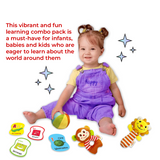 Desi Toys Infant Fun Combo-Plush Sound Rattles , Colourful Soft Toy Ball & Early learning Flash Card set of Alphabets, Numbers, Colours and Shapes