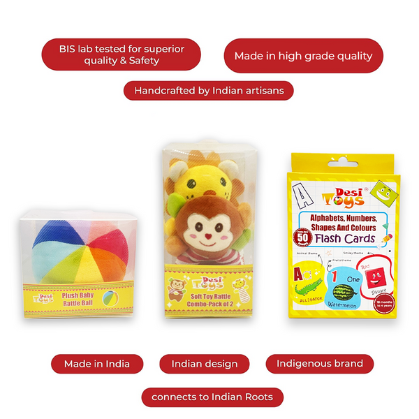 Desi Toys Infant Fun Combo-Plush Sound Rattles , Colourful Soft Toy Ball & Early learning Flash Card set of Alphabets, Numbers, Colours and Shapes