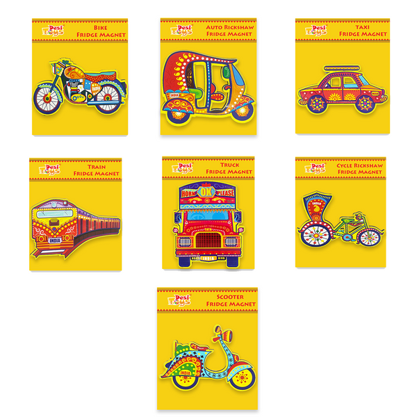 Desi Toys Indian Vehicle themed Vibrant 7 Fridge Magnets