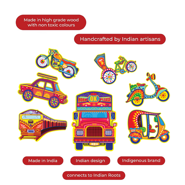 Desi Toys Indian Vehicle themed Vibrant 7 Fridge Magnets