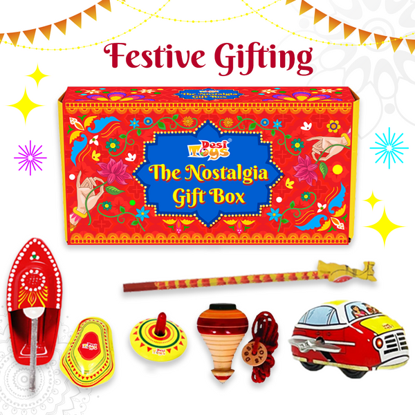 Desi Toy Nostalgia Toys Festival Gift Box (Combo of 6)  Wooden Spinning Top Lattu, Steam Boat, Tin Clicker, Tin Spinning Top, Handcrafted Pencil, Windup Tin Classic Toy Car |Indian Playset for Kids, Children