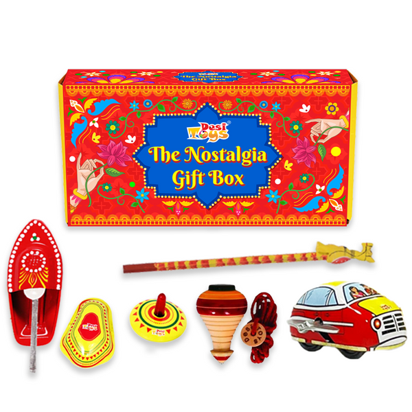 Desi Toy Nostalgia Toys Festival Gift Box (Combo of 6)  Wooden Spinning Top Lattu, Steam Boat, Tin Clicker, Tin Spinning Top, Handcrafted Pencil, Windup Tin Classic Toy Car |Indian Playset for Kids, Children