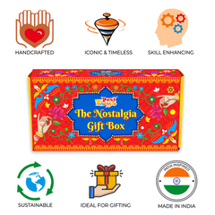 Desi Toy Nostalgia Toys Festival Gift Box (Combo of 6)  Wooden Spinning Top Lattu, Steam Boat, Tin Clicker, Tin Spinning Top, Handcrafted Pencil, Windup Tin Classic Toy Car |Indian Playset for Kids, Children