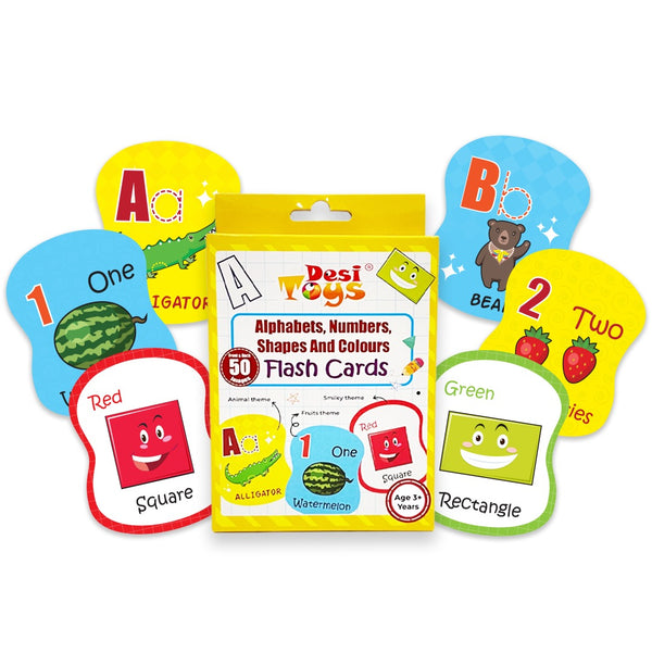 Thick Flash Cards for learning 4 topics- Alphabets /Letters, Numbers, Shapes & Colours with 50 fun images, Montessori Toys, Educational Toys, Preschool Learning Toys