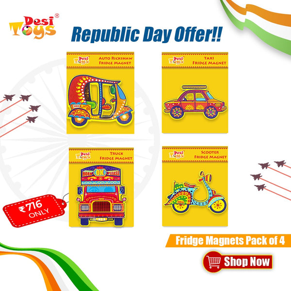 (Set of 4) Fridge Magnets Indian Vehicle Classic Taxi, Trucks, Scooter & Auto Rickshaws – Vibrant Magnets for Kids & Adults Unique Collectable Souvenir Gift & Home Decor