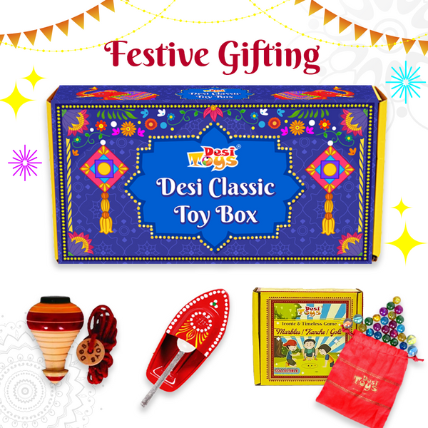 Desi Toys Classic Vintage Toys Festival Gift Box (Combo of 3) Wooden Spinning Top Lattu, Steam Toy Boat & Glass Marble Kanche Set |Traditional Handcrafted Indian Fun Collectible Playset for Kids, Children