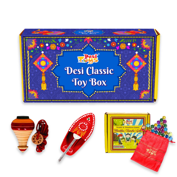 Desi Toys Classic Vintage Toys Festival Gift Box (Combo of 3) Wooden Spinning Top Lattu, Steam Toy Boat & Glass Marble Kanche Set |Traditional Handcrafted Indian Fun Collectible Playset for Kids, Children