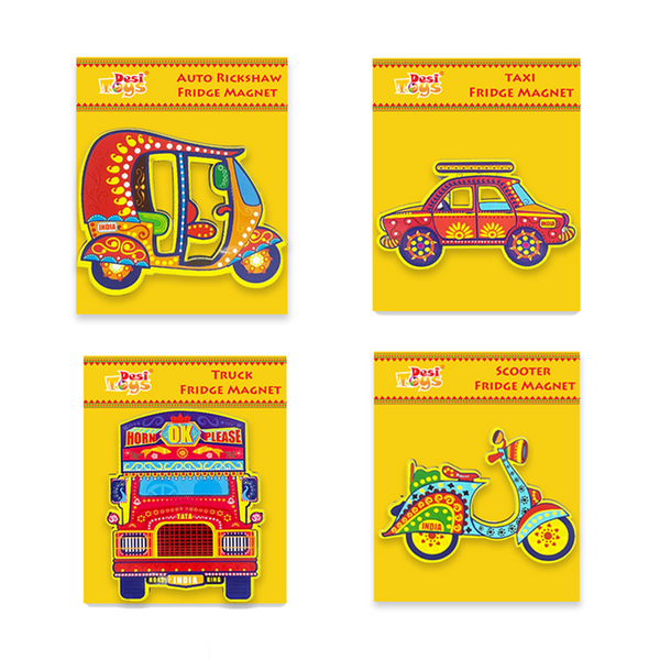 (Set of 4) Fridge Magnets Indian Vehicle Classic Taxi, Trucks, Scooter & Auto Rickshaws – Vibrant Magnets for Kids & Adults Unique Collectable Souvenir Gift & Home Decor