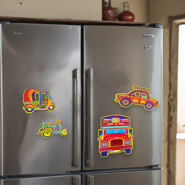 (Set of 4) Fridge Magnets Indian Vehicle Classic Taxi, Trucks, Scooter & Auto Rickshaws – Vibrant Magnets for Kids & Adults Unique Collectable Souvenir Gift & Home Decor