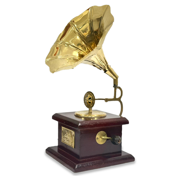 Desi Toys Brass Miniature Gramophone Antique & Vintage Gramophone Pretend Play Showpiece & Decor Music Shelf Table Decorative Wooden Based Office Home Decor