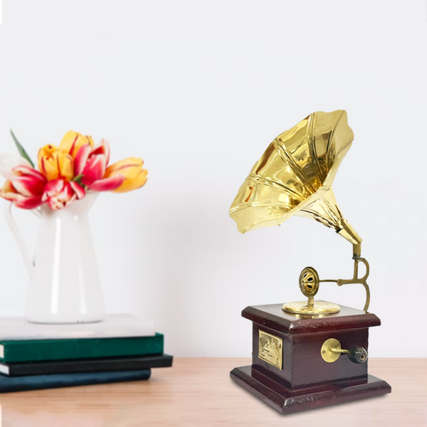 Desi Toys Brass Miniature Gramophone Antique & Vintage Gramophone Pretend Play Showpiece & Decor Music Shelf Table Decorative Wooden Based Office Home Decor