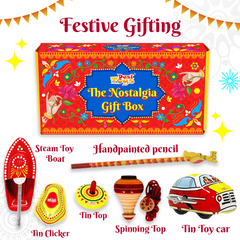 Desi Toy Nostalgia Toys Festival Gift Box (Combo of 6)  Wooden Spinning Top Lattu, Steam Boat, Tin Clicker, Tin Spinning Top, Handcrafted Pencil, Windup Tin Classic Toy Car |Indian Playset for Kids, Children